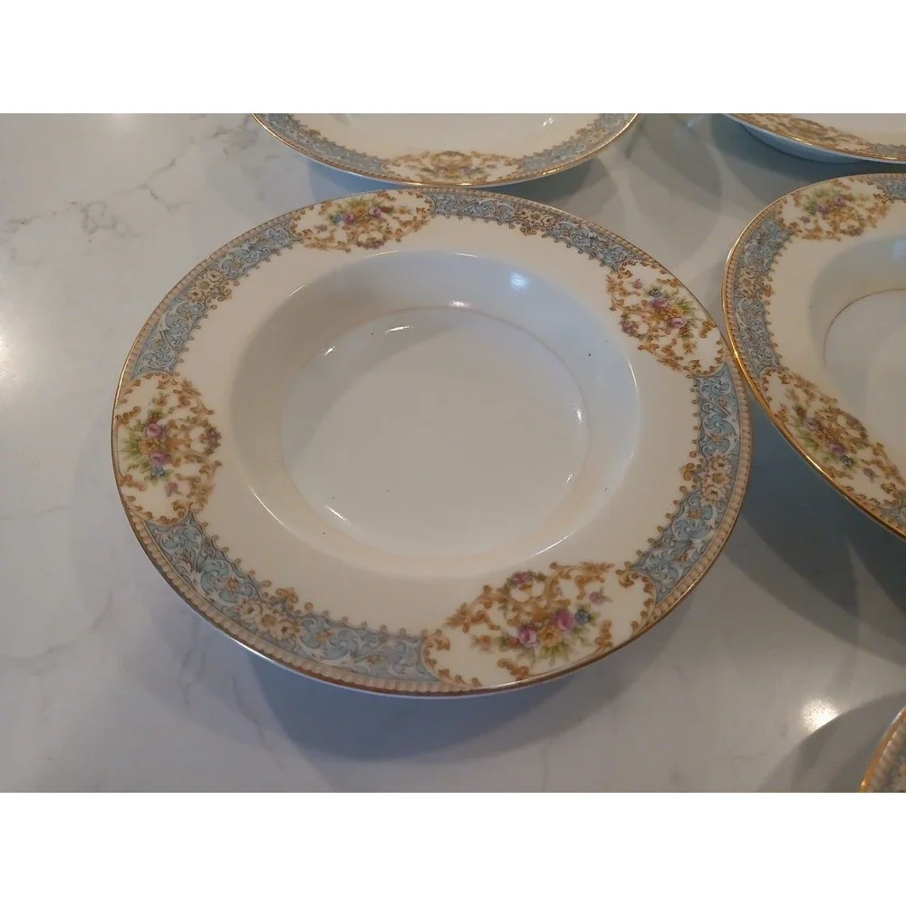 7pcs Rose China Occupied Japan Pink Rose Gold Trim Bowls Flowers Scroll Border